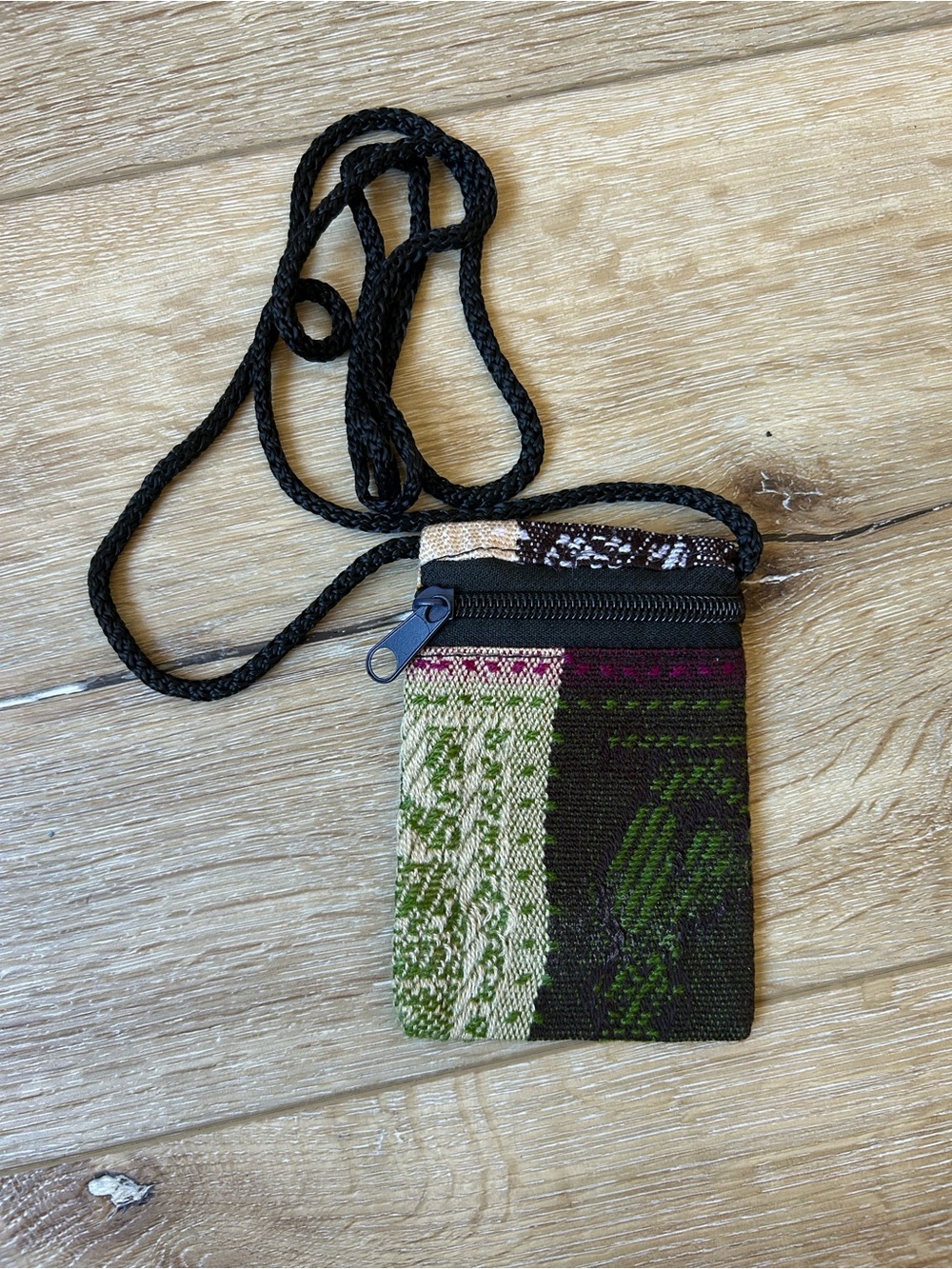 Hand Crafted Woven Crossbody Pouch - Green, Black & Cream